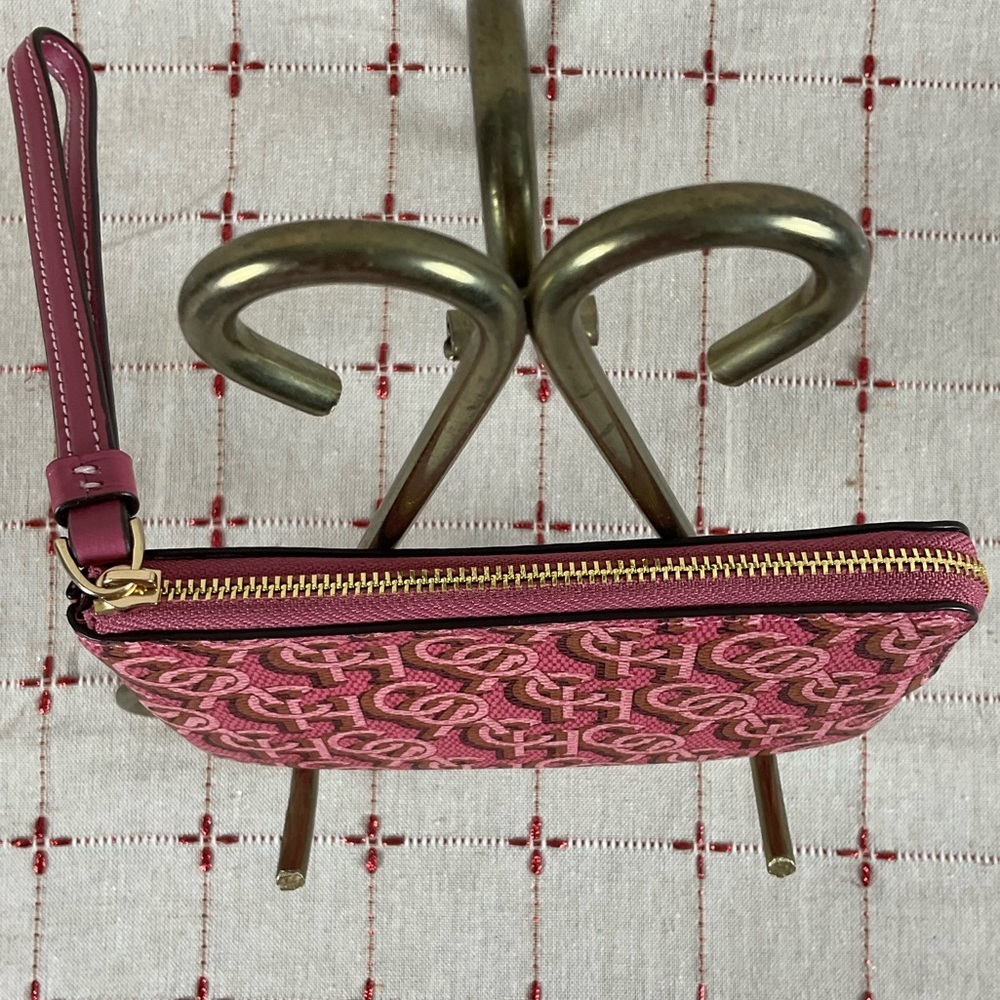 COACH Canvas & Leather Corner Zip Wristlet Small Wallet Clutch CF548 Pink Gold - Picture 3 of 5
